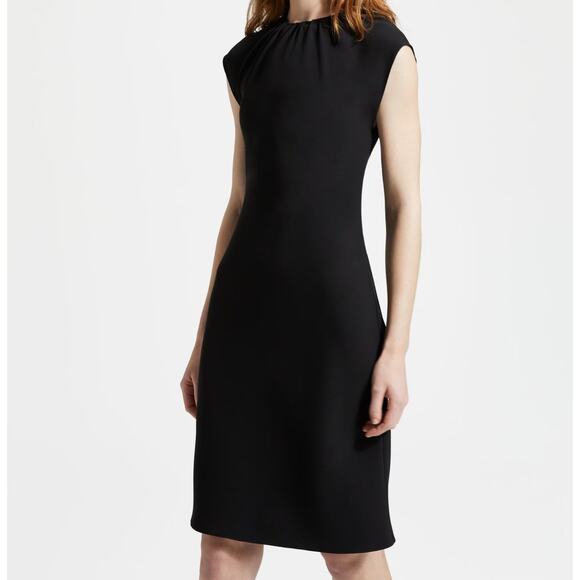 Theory Classic Crepe Shirred Dress S Black Academia Capsule Minimalist Sheath - Picture 2 of 9